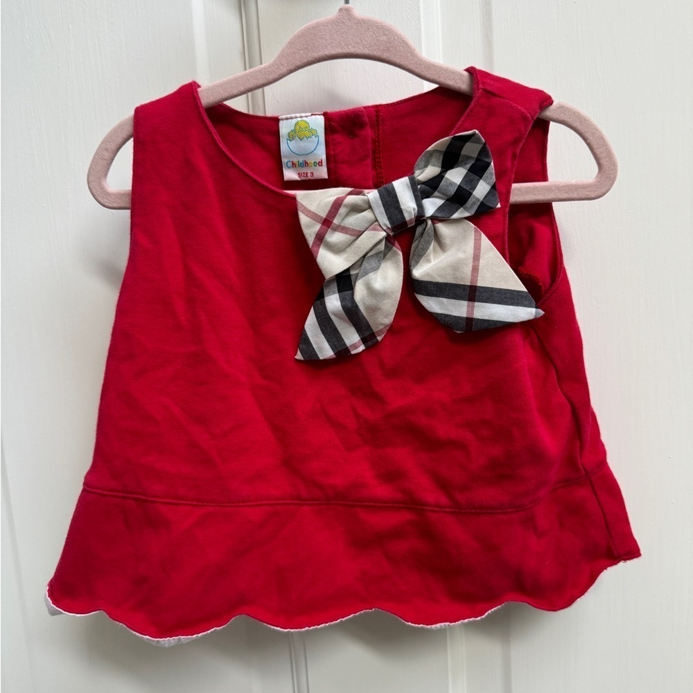 Childhood 3T Girls Red & Burberry Like Pattern Formal Crop Top Blouse